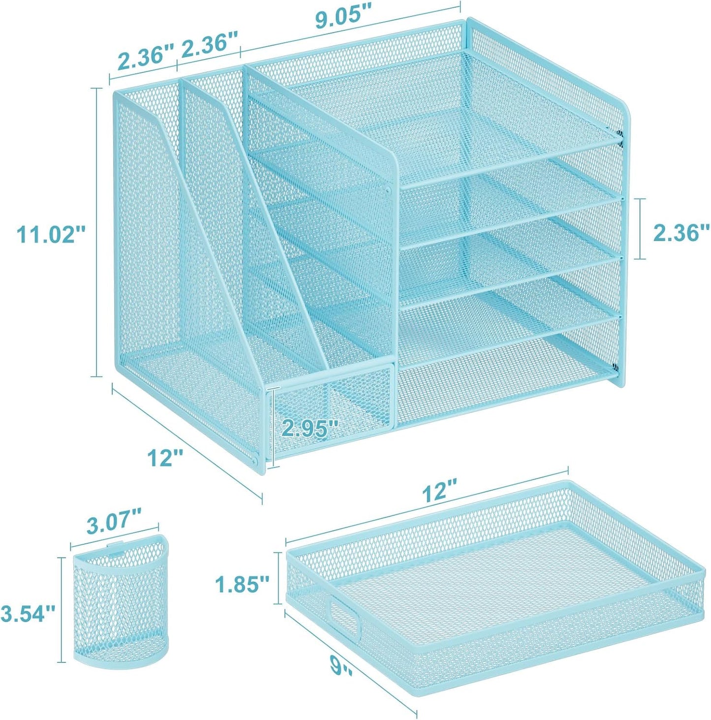 Marbrasse Desk Organizer with File Holder, 5-Tier Paper Letter Tray Organizer with Drawer and 2 Pen Holder, Mesh Desktop Organizer and Storage with Magazine Holder for Office Supplies(Black)