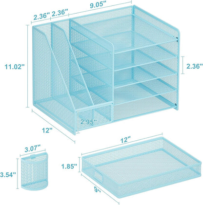 Marbrasse Desk Organizer with File Holder, 5-Tier Paper Letter Tray Organizer with Drawer and 2 Pen Holder, Mesh Desktop Organizer and Storage with Magazine Holder for Office Supplies(Black)