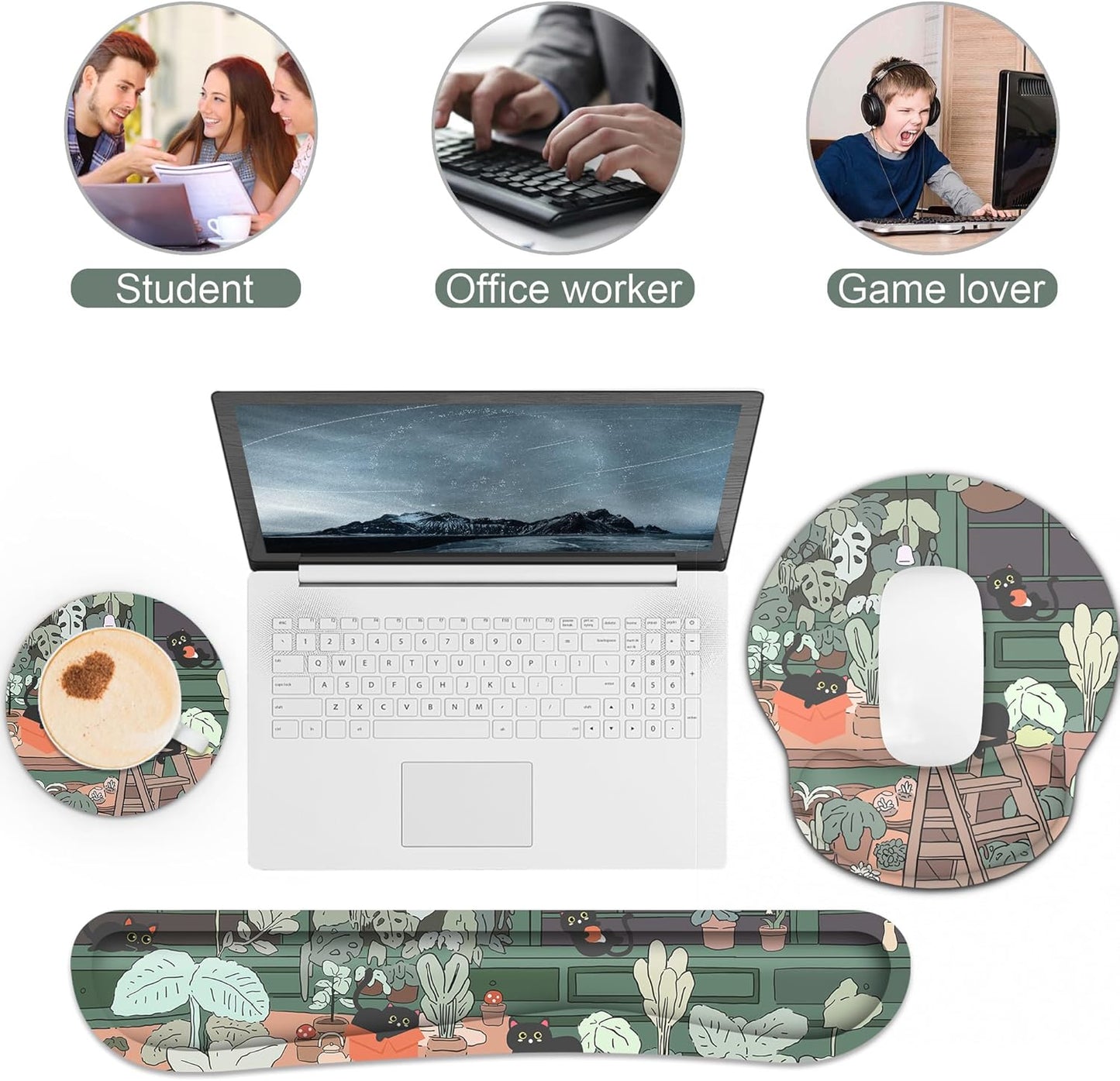 Ergonomic Mouse Pad with Wrist Rest and Keyboard Wrist Rest, Memory Foam Wrist Rest for Computer Keyboard, Easy Typing, Pain Relief, Mouse Pad Wrist Support for Gaming,Office, Laptop, Black Flower