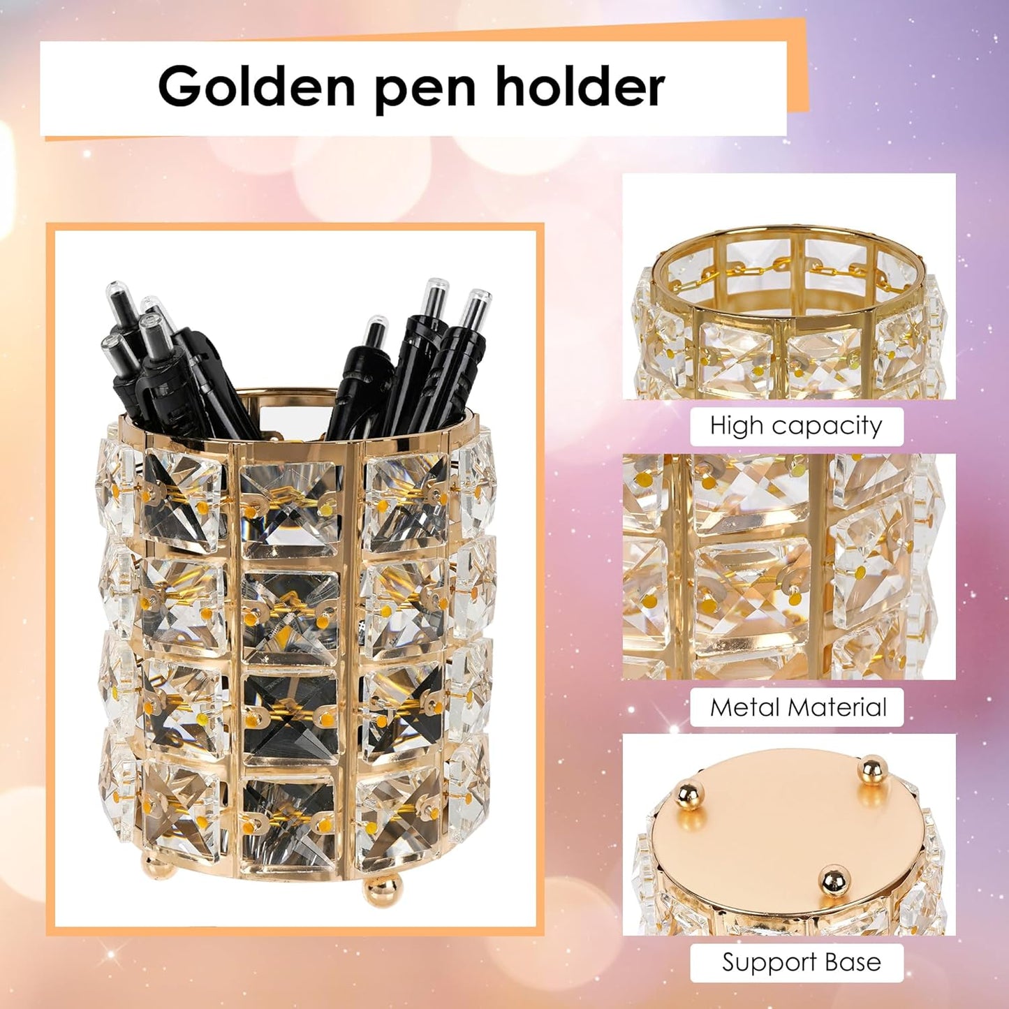 Crystal Pen Holder, Pencil Cups for Desk, Multi-Purpose Desktop Organizer, for Office Writing Desk (Gold)