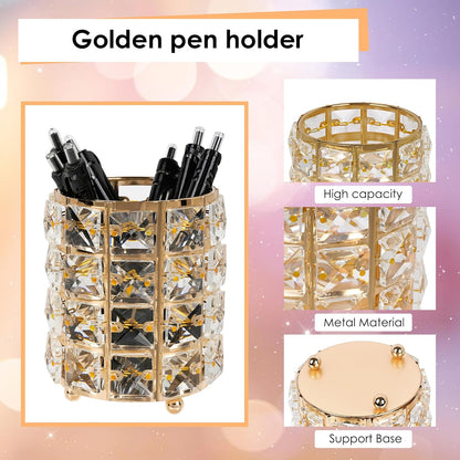 Crystal Pen Holder, Pencil Cups for Desk, Multi-Purpose Desktop Organizer, for Office Writing Desk (Gold)