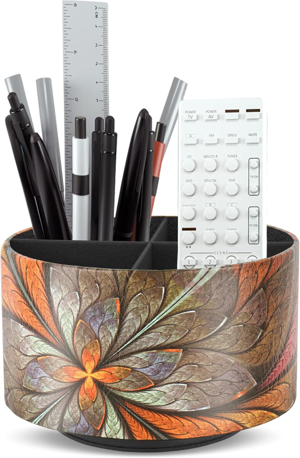 lizimandu Round Leather Art Supply Organizer,Remote Control Holder,360 Degree Spinning,Multi-Functional Pencil Holder,4 Compartments Desktop Stationary Organizer(1-Gold) - Colors A