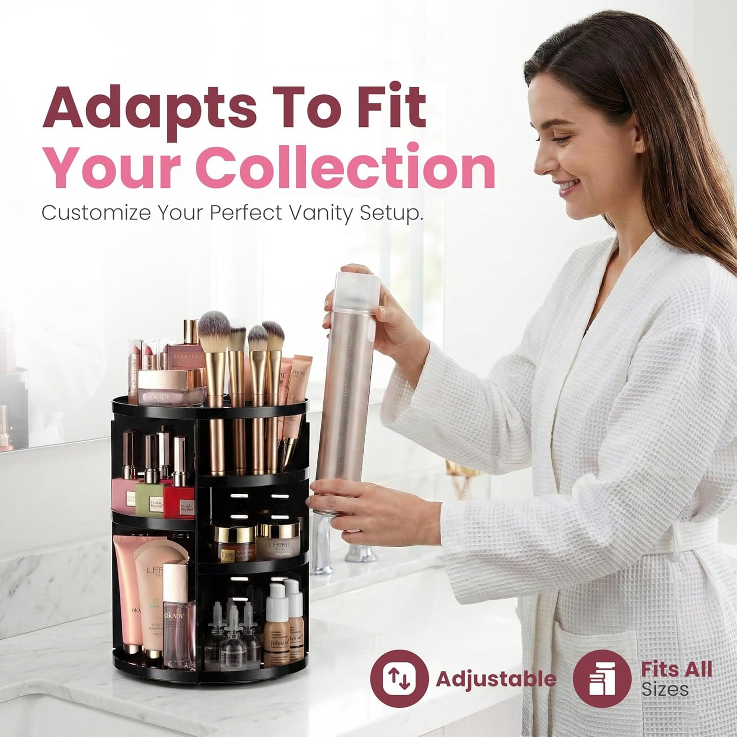 Masirs Small 360 Rotating Makeup Organizer - Mini Yet Spacious Cosmetic Storage Solution with Multiple Compartments - The Perfect Spinning Make-Up Caddy for Vanity or Bathroom Counter (Round - Clear)