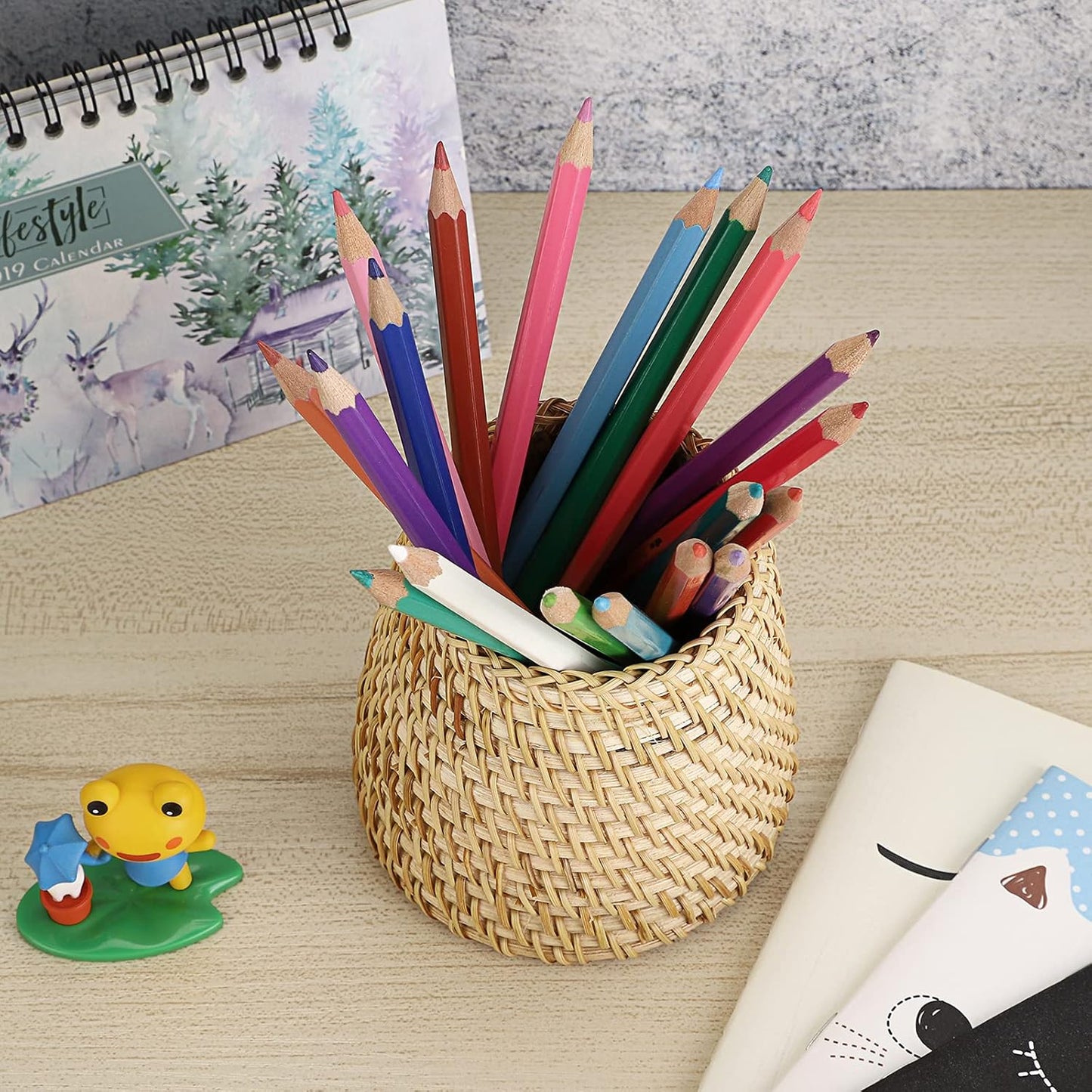 BTSKY Rattan Pen Cup, Handmade Desk Pencil Holders Makeup Brush Holder Multi-Functional Woven Basket Office&Home Desktop Organizer(Cone)