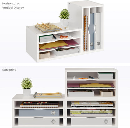 Ballucci File Organizer, 2-Tier Document Paper Sorter, Stackable Wood Desk Organizer Mail Holder, Monitor Stand with Storage Shelves, White