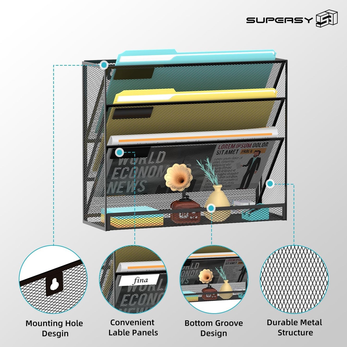 SUPEASY 5 Tier Wall File Organizer, Hanging Wall Mounted Mail Organizer with Label Slots, Metal Mesh File Holder Magazine Rack for Office, Home, School or Classroom, Black