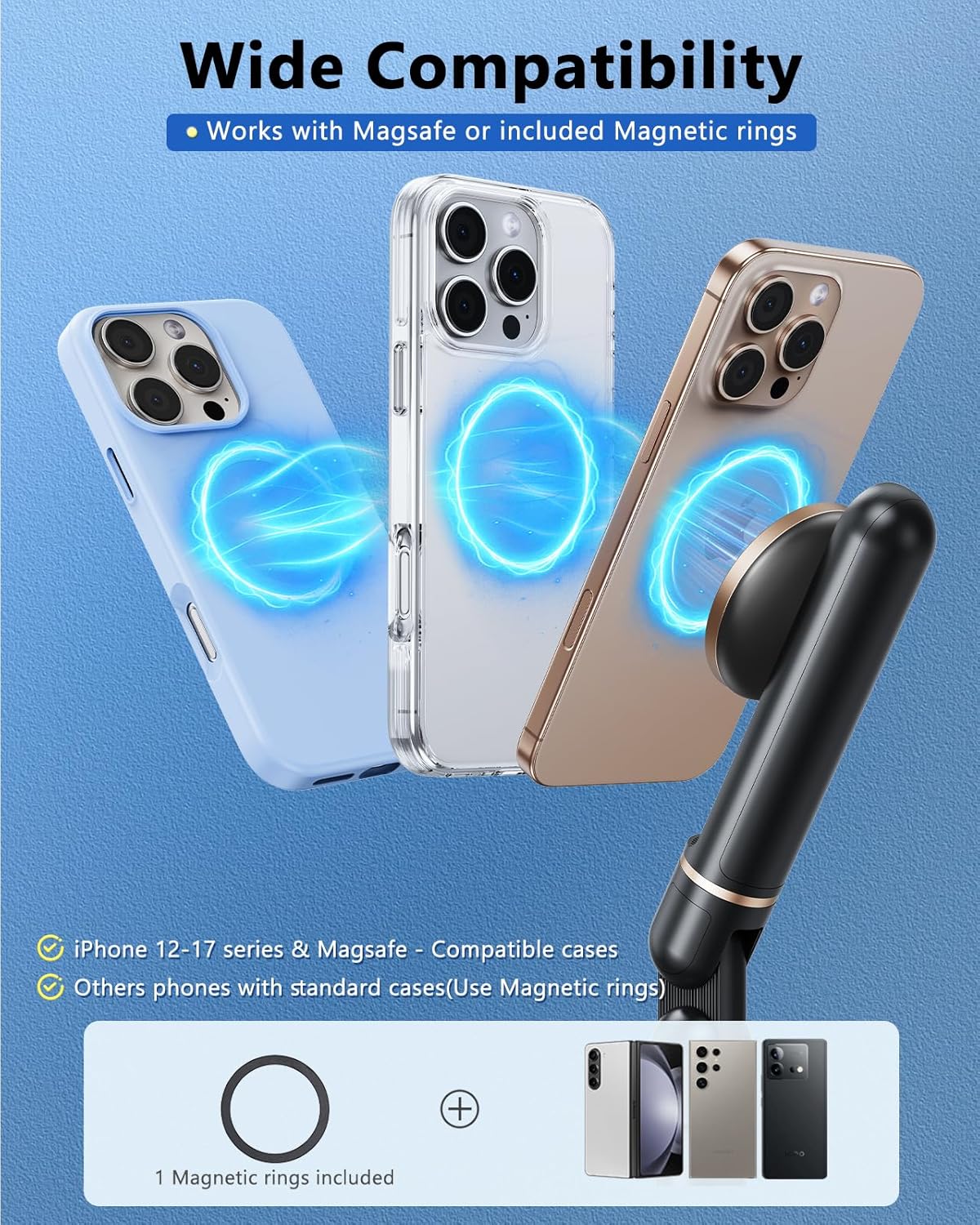 Angle Height Adjustable Magnetic Phone Stand for Desk [10"-25"] - Retractable Cell Phone Holder for Video Recording Cooking Excising Working -Aluminum iPhone 17 16 15 14 Pro Max Air Stand