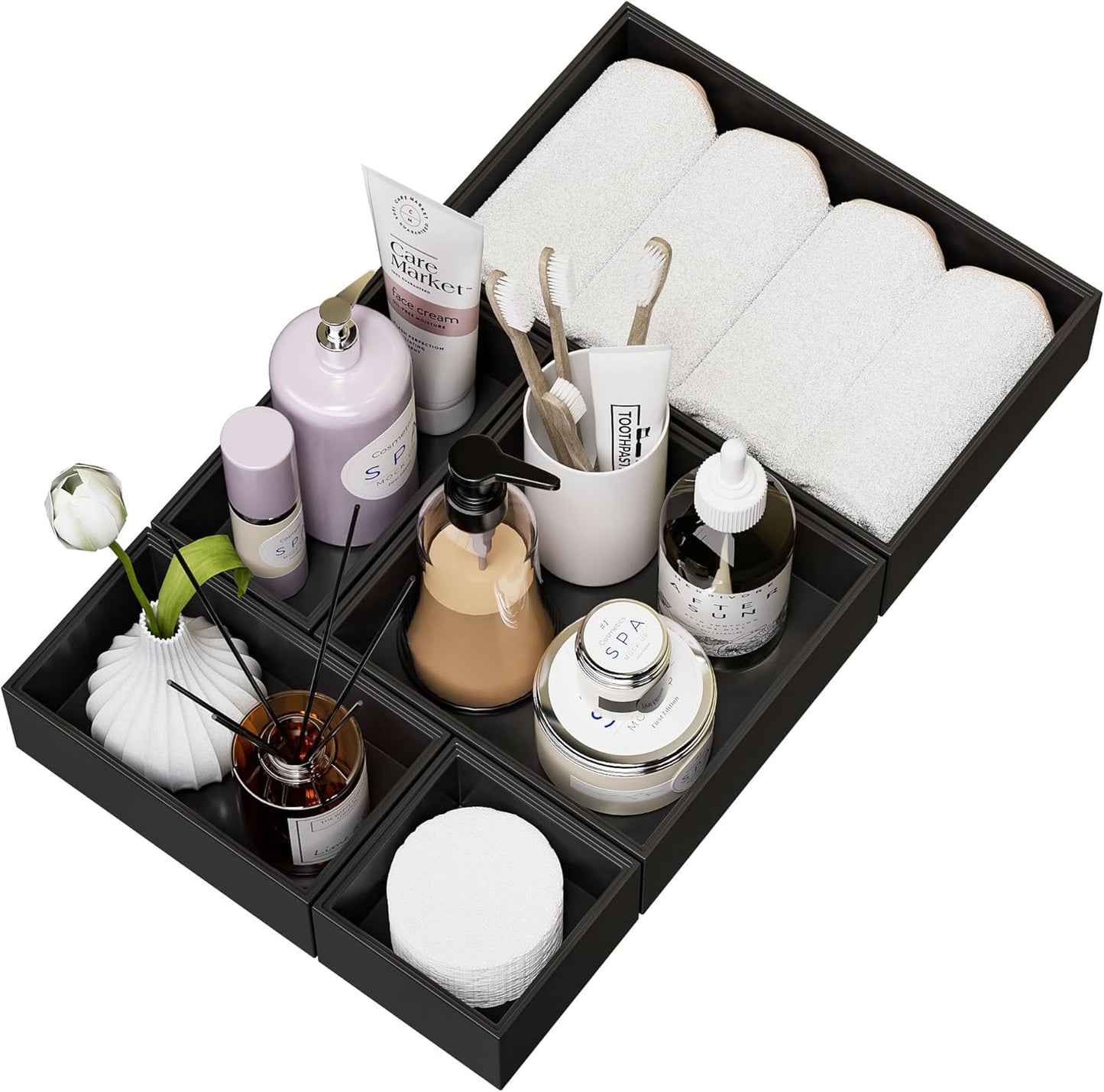 Bathroom Drawer Organizer Trays, Bamboo Drawer Organizer Kitchen Utensils Silverware Organizer, 8 PCS Wood Box Stackable Bins for Makeup, Office Desk, Junk Drawer (Black)