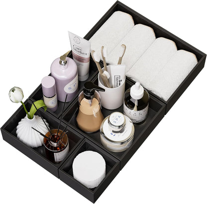 Bathroom Drawer Organizer Trays, Bamboo Drawer Organizer Kitchen Utensils Silverware Organizer, 8 PCS Wood Box Stackable Bins for Makeup, Office Desk, Junk Drawer (Black)