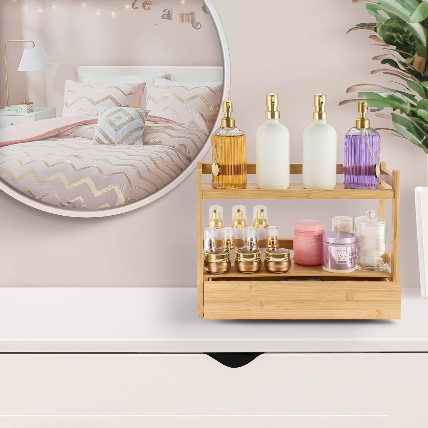Sorbus Bamboo Bathroom Counter Organizer – 2-Tier Shelf with Hidden Drawer for Vanity, Matcha Station, Bathroom Sink Organizer Countertop, Kitchen & Office Storage (13″ L x 6.5″ W x 12.6″ H)