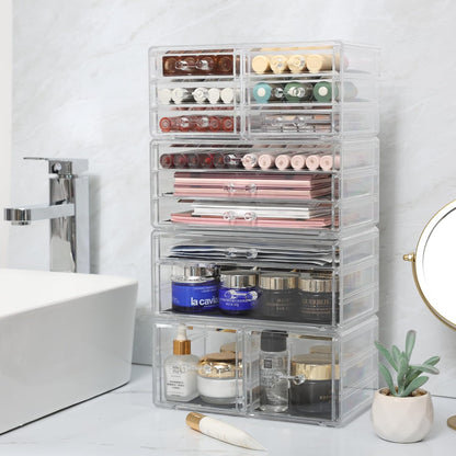 Cq acrylic 2 Pack Clear Desk Organizer With Drawers,Stackable 6 Drawers Skincare Organizer,Cute Skin Care Organizers for Vanity Hair Clip,Jewelry,Beauty Product Desk and Makeup Organizers Countertop