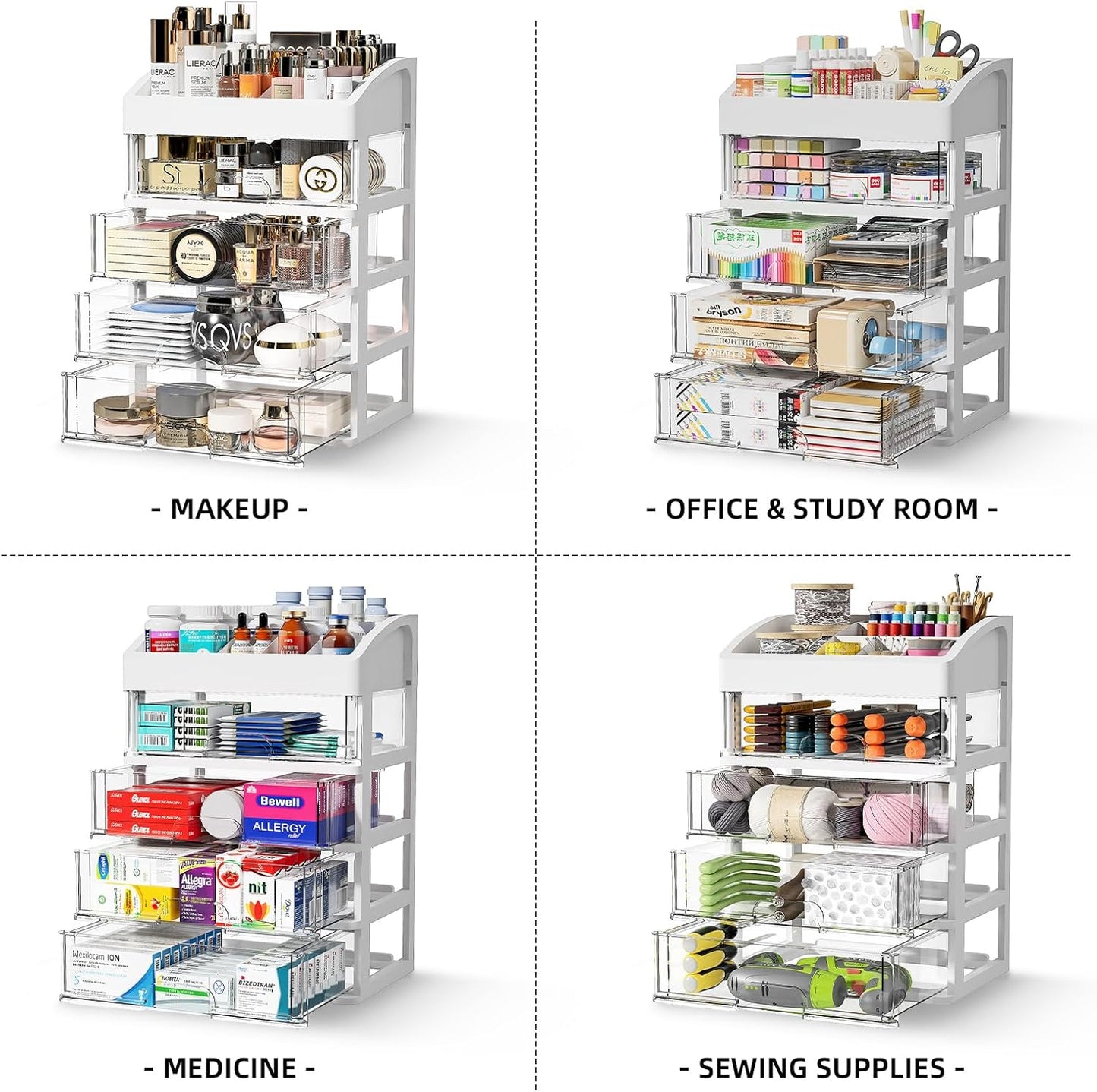 Desk Organizer with 4 Drawer Storage, Desktop Drawers Organizer for Office/School Supplies, Plastic Stationary Makeup Organizer, Desk Storage Box Organizer for Office, School, Bathroom