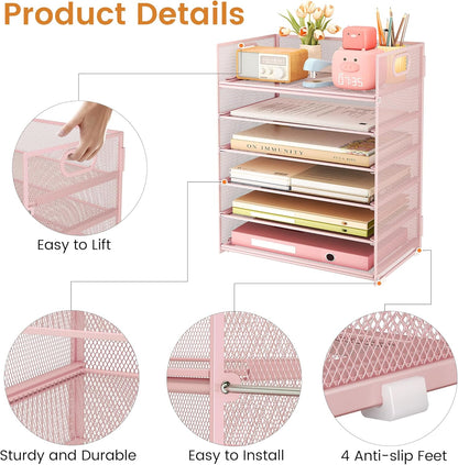 Subekyu 6 Tier Office File Paper Desk Tray Organizer with Handle, Stackable Slide Mesh Letter Tray Folder Blue Desk Organizer, Desktop Document Sorter for Classroom, Office, Home Supplies Storage
