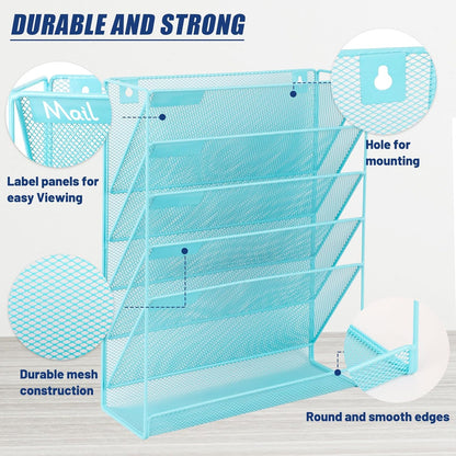 EASEPRES Desk File Organizer Mesh 6-Tier, Hanging Wall Mount Document Organization Stand, Desktop Vertical Mail Paper Folder Holder Rack with Bottom Tray for Office Home Cubicle Countertop, Black