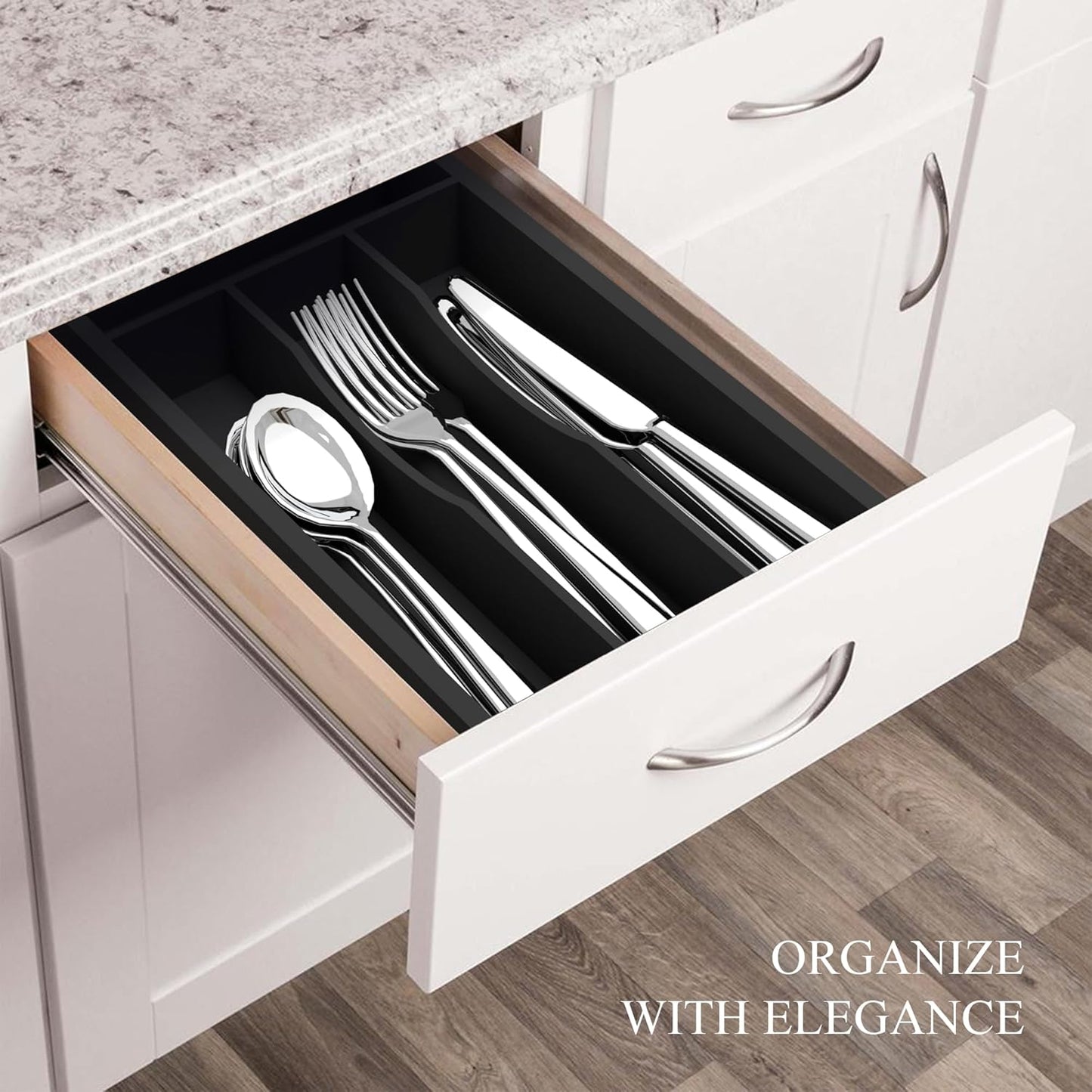 Small Silverware Organizer, Bamboo Kitchen Drawer Organizer, Utensil Holder, Cutlery Tray & Spoon Flatware Storage with Grooved Drawer Dividers (6.7''W x 12''D)