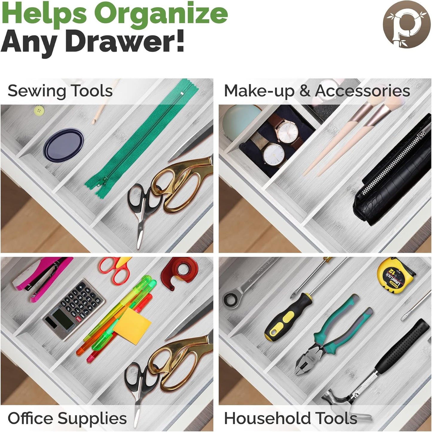 Pristine Bamboo Expandable Drawer Organizers for Kitchen - Extra Deep Non-Slip 17” x 14.6” (expands up to 25 inches) - Dark Wooden Silverware Divider (10 Compartments) – Organize Cooking Utensils