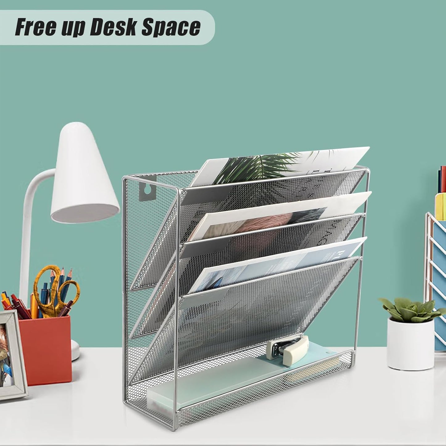 EASEPRES Desk File Organizer Mesh 6-Tier, Hanging Wall Mount Document Organization Stand, Desktop Vertical Mail Paper Folder Holder Rack with Bottom Tray for Office Home Cubicle Countertop, Black