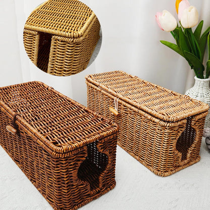Wicker Cable Management Box, 2 Pack Large & Small Cable Organizer Box, Faux Rattan Hand-Woven Desk Organizer with 10 Cord Clips and 10 Ties, for Home Office and Charging Station