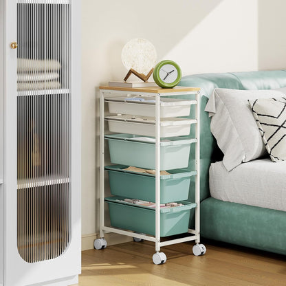 Rolling Storage Cart with 3 Drawers, Craft Organizer, Wooden Tabletop Utility Cart for Bedroom, Children's Room and Office Organization, Under Desk Trolley with Lockable Wheels,White