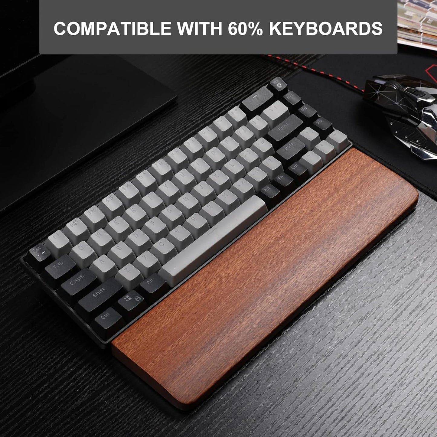 Wooden Keyboard Wrist Rest for 60% Keyboard, Ebony Wood Wrist Rest Pad Support with Anti-Slip Rubber Base, MageGee Ergonomic Keyboard Palm Rest for Pain Relief, Easy Typing