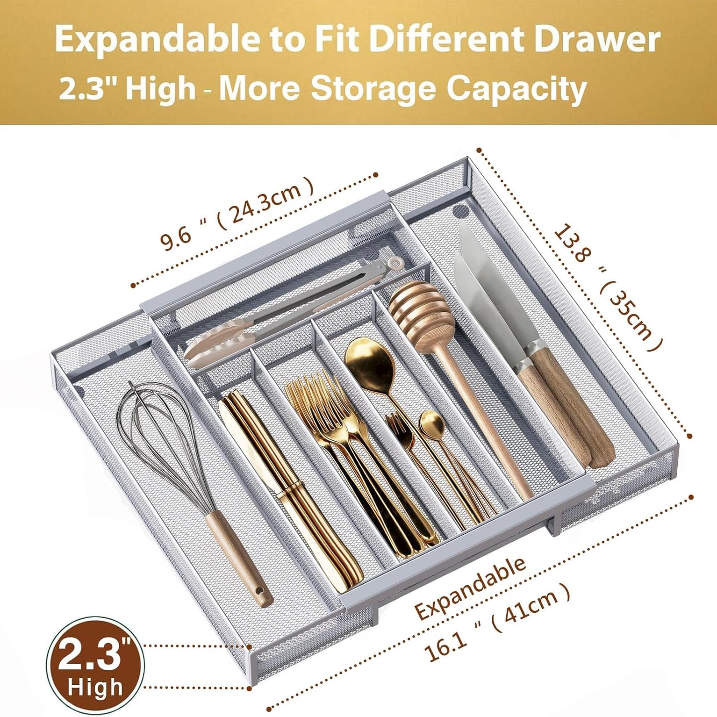 Sedegn Silverware Organizer Metal Mesh, Small Drawer Organizer, Utensil Cutlery Tray for kitchen drawers, Flatware Organizer with 5 Compartment, Black(9.3"*12.6")