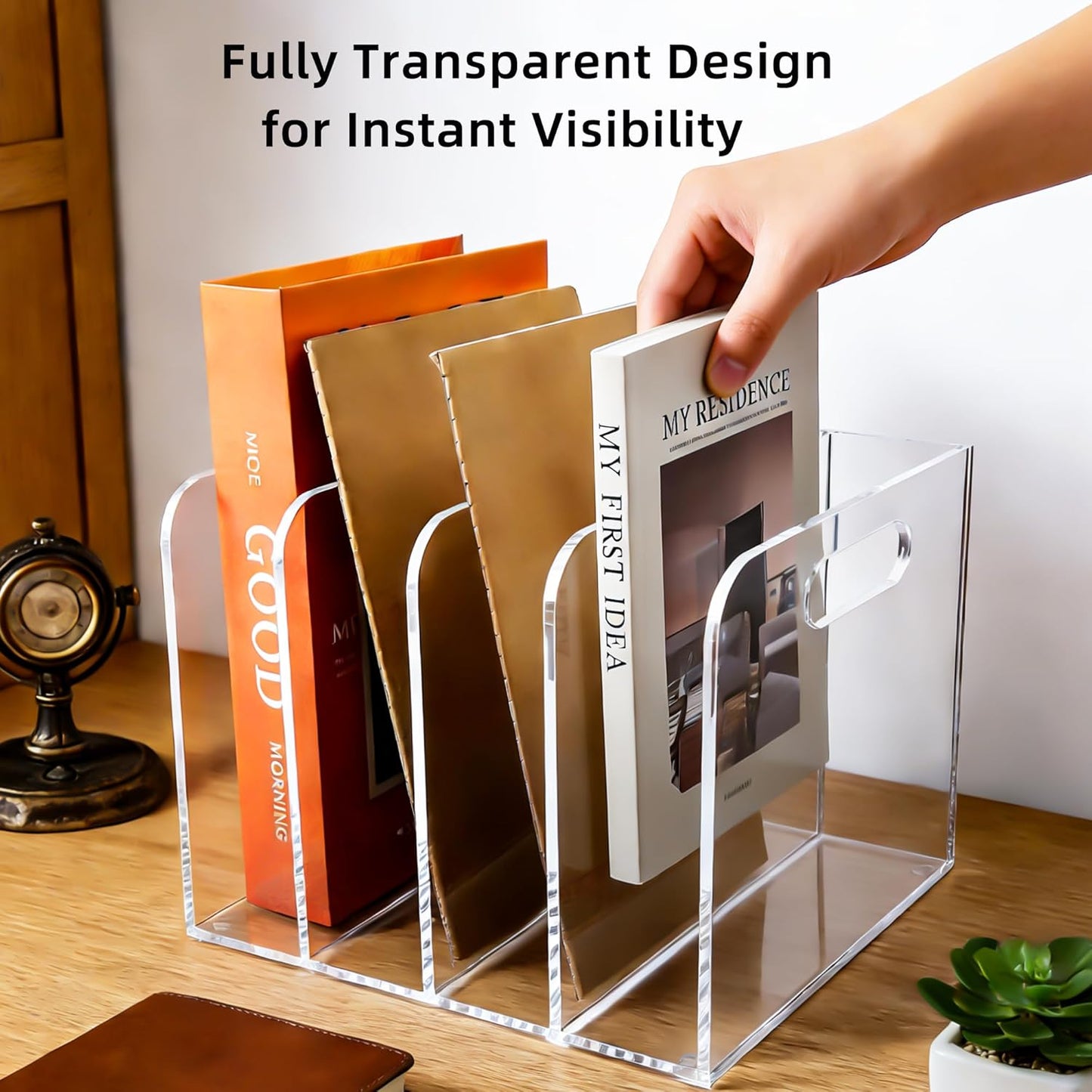 Acrylic Magazine File Holder, 3 Vertical Compartments Desk Document Sorter Organizer, Clear Folder Rack Binder for Office/Documents/Classroom, for Home, Tablet, Magazines, Books & Accessories