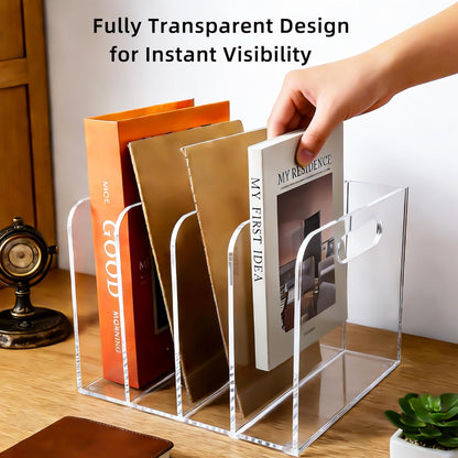 Acrylic Magazine File Holder, 4 Vertical Compartments Desk Document Sorter Organizer, Clear Folder Rack Binder for Office, Documents, Tablets, Magazines, Books – Home/Classroom Rack