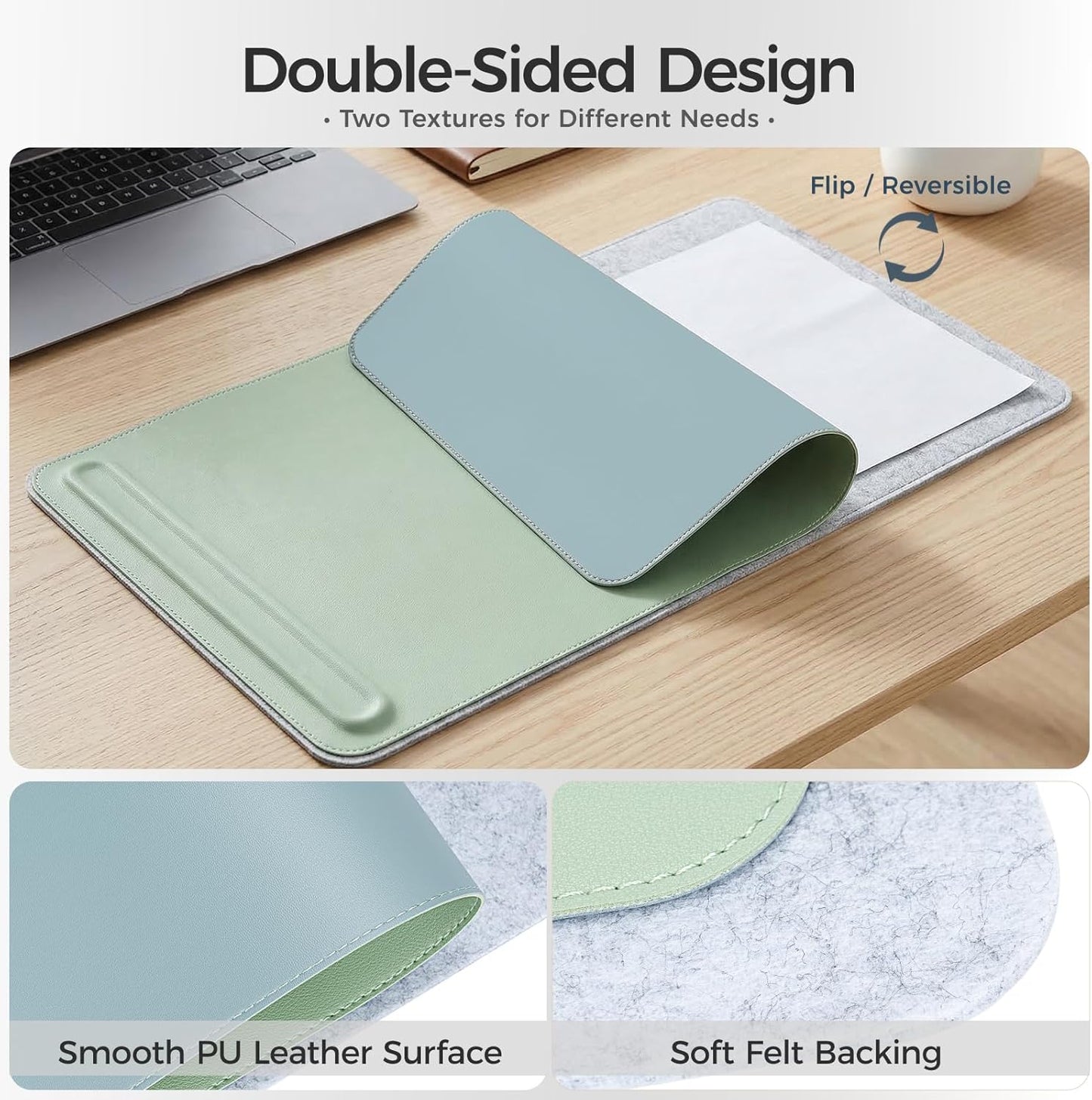 Desk Mat – Double-Sided Vegan Leather & Felt | Built-In Magnetic Cable Organizer & File Storage | Premium Workspace Pad for Office, Gaming & Creative Professionals-（Green）