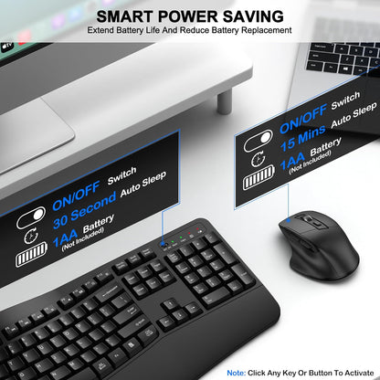 Wireless Keyboard and Mouse Combo, 2.4G Full Size Wave Keys Ergonomic Keyboard with Wrist Rest and 3-Level DPI Adjustable Wireless Ergonomic Mouse for Windows, Mac OS Desktop/Laptop/PC(Black)