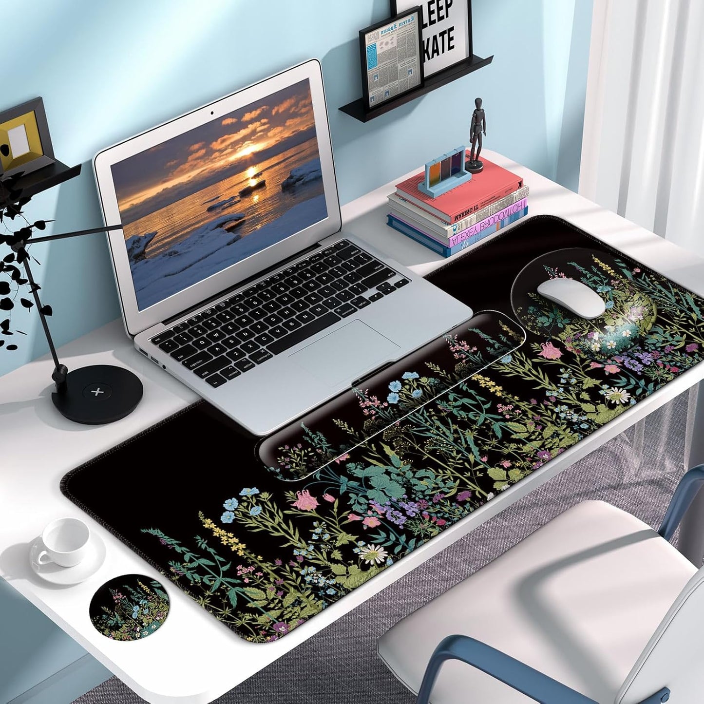 Desk Mat Set + Keyboard and Mouse Pad with Wrist Rest Support,4-in-1 Large Mousepad Computer Mats for Desktop Home & Office-Purple Butterflies