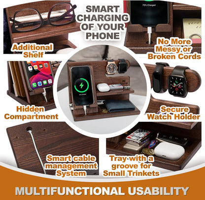 TESLYAR Wood Phone Docking Station for Men - Desktop or Nightstand Organizer - Birthday Gifts for Men, Dad - Anniversary Idea from Wife - Key Holder, Stand Wallet, Watch & Essentials (Granite Black)