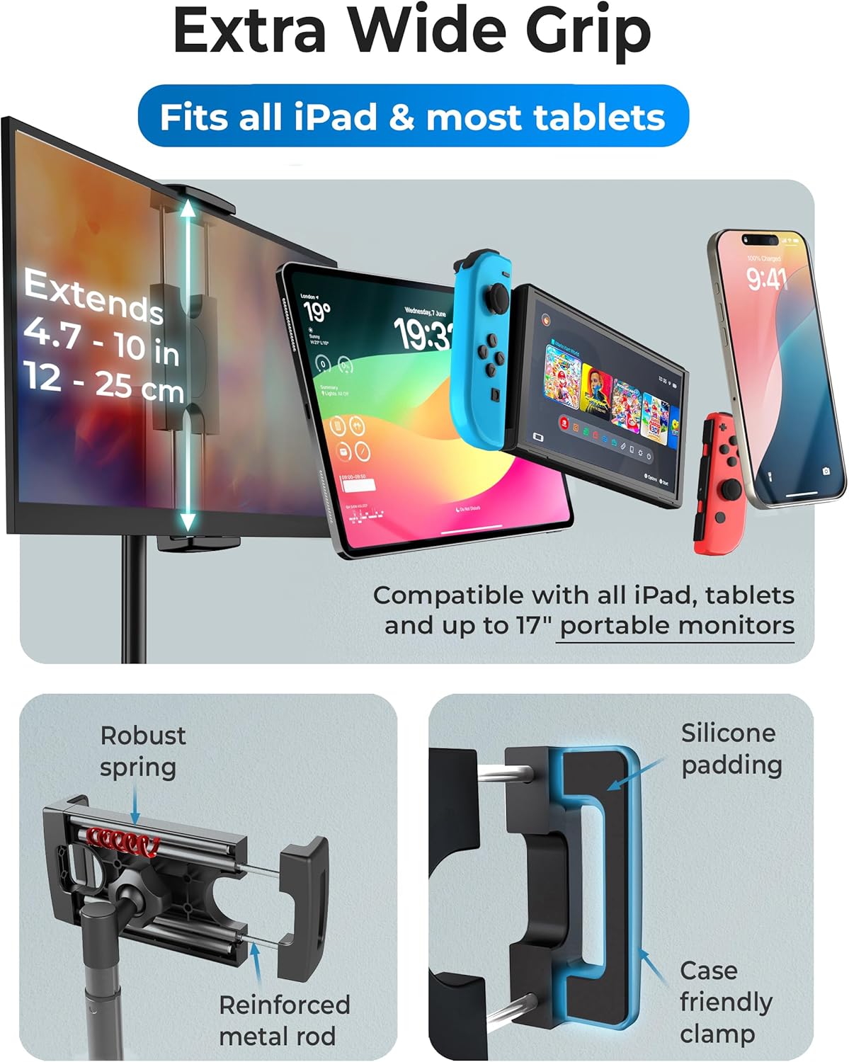 COOPER TabStand, 20" Tall iPad Stand for Desk, Portable Monitor Holder up to 17" Holds 4.4lb, Desktop Tablet Stand, Tablet Mount, Apple iPad Holder for Desk, for Samsung, Kindle, Fire (Night Black)