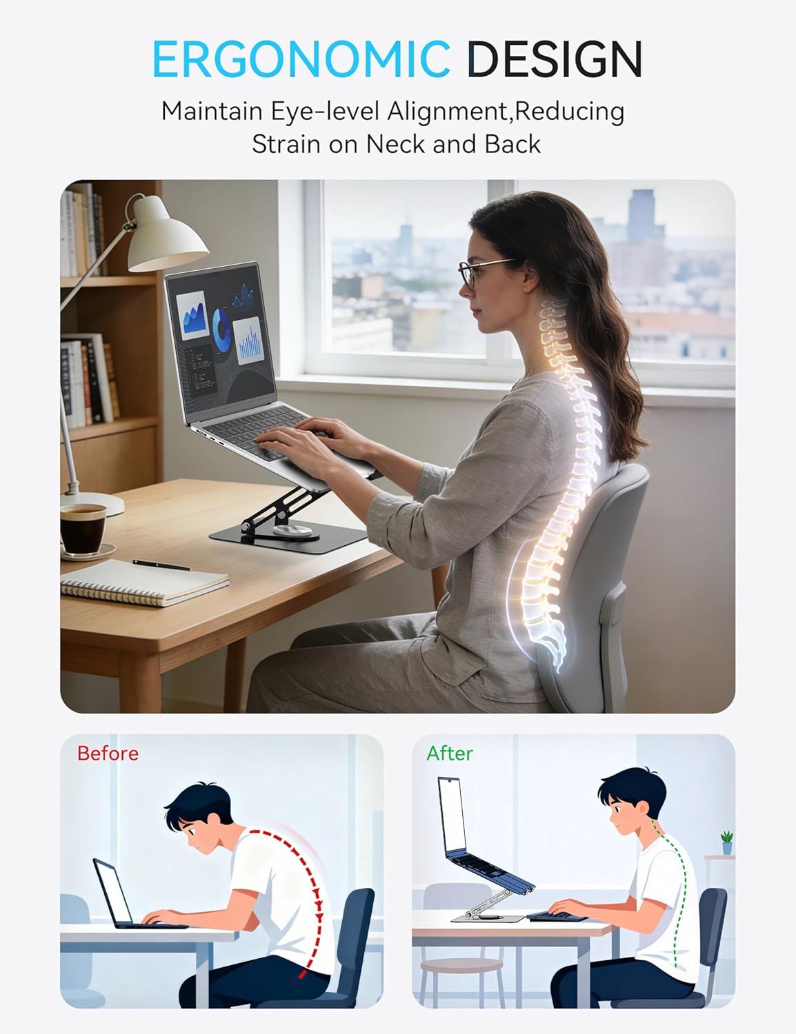 SOUNDANCE 360 Rotating Laptop Stand, Ergonomic Computer Riser for Desk, Adjustable Height Multi-Angle Metal Holder, Foldable Portable Notebook Elevating Base for Office & Home, Silver Grey