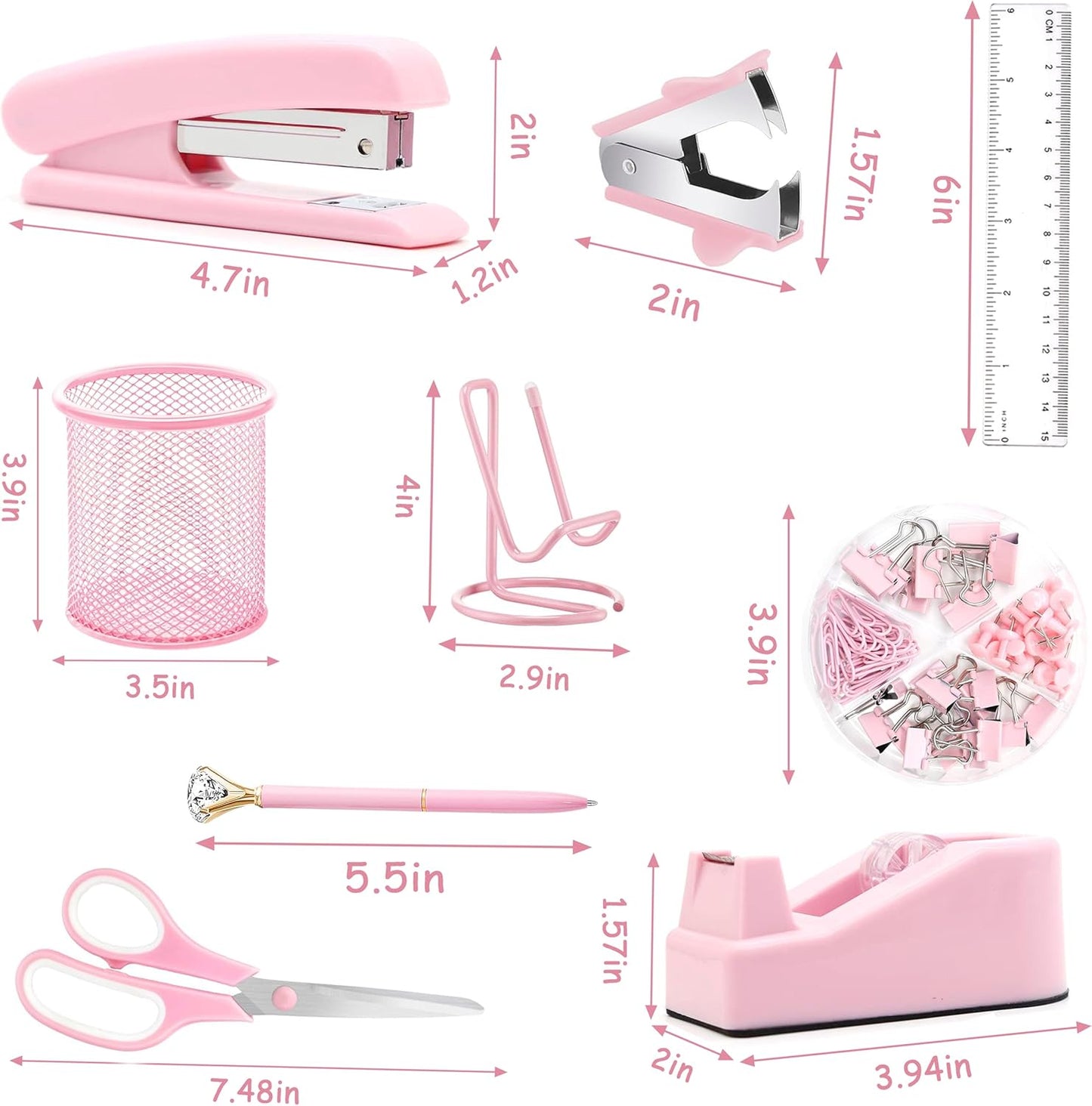 Office Desk Accessories, Acrylic Stapler, Staple Remover, Tape Holder, Pen Holder, Ballpoint Pen, Scissor, Binder Clips, 1000pcs Staples, Phone Holder, Ruler, Transparent Glue and 300 Notes
