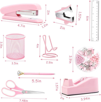 Office Desk Accessories, Acrylic Stapler, Staple Remover, Tape Holder, Pen Holder, Ballpoint Pen, Scissor, Binder Clips, 1000pcs Staples, Phone Holder, Ruler, Transparent Glue and 300 Notes
