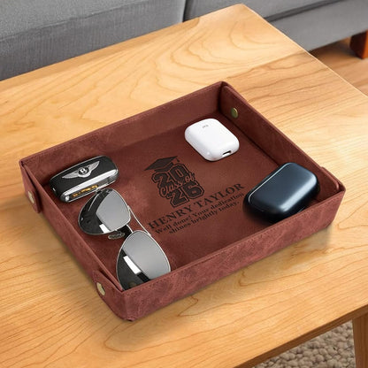 Engraved Leather Valet Tray for Men – Personalized Catchall with Custom Name for Desk, Dresser, Nightstand – Men's Organizer Tray for Keys, Wallet, Jewelry, Personalized Gift for Home, Office - Coffee