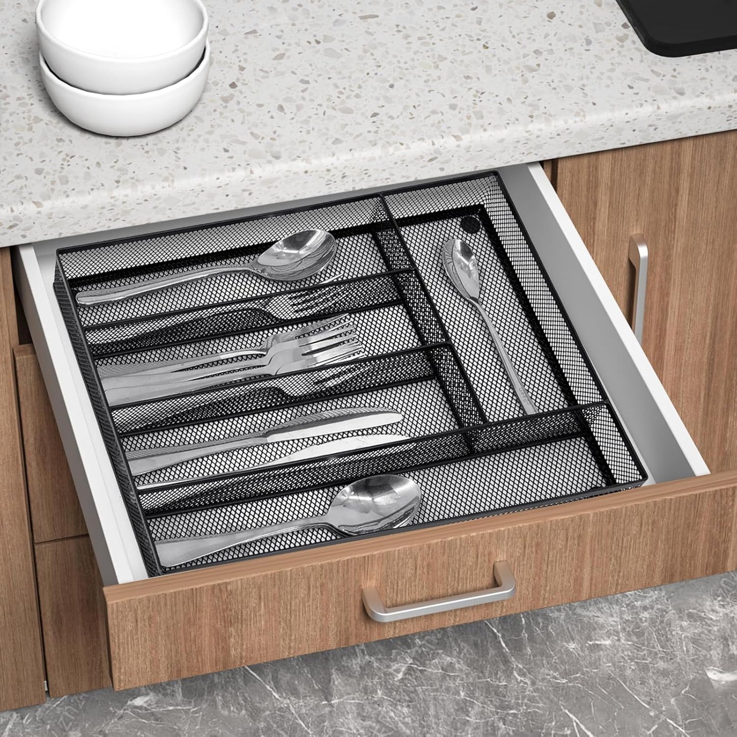 Neudeco Drawer Organizer Set 6 Pack - 5-Compartment Silverware Organizer Tray + 5 Utensil Trays, Kitchen Drawer Organizer for Flatware, Cutlery, Office Supplies, Black Mesh, Non-Slip.