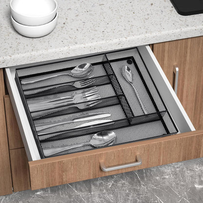 Neudeco Drawer Organizer Set 6 Pack - 5-Compartment Silverware Organizer Tray + 5 Utensil Trays, Kitchen Drawer Organizer for Flatware, Cutlery, Office Supplies, Black Mesh, Non-Slip.