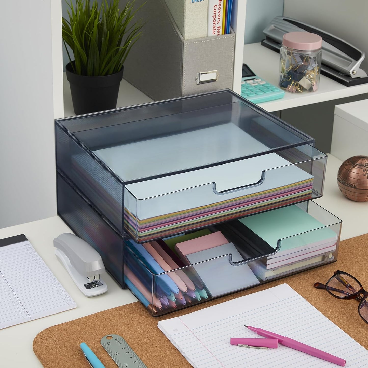 STORi STAX Plastic Stackable Organizer Drawers (Set of 2) Clear | 12.5" Wide | Set Includes Two Open Drawer | Organize Office Desk Accessories & Sort Paper | Made in USA