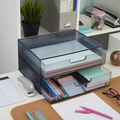 STORi STAX Plastic Stackable Organizer Drawers (Set of 2) Clear | 12.5" Wide | Set Includes Two Open Drawer | Organize Office Desk Accessories & Sort Paper | Made in USA