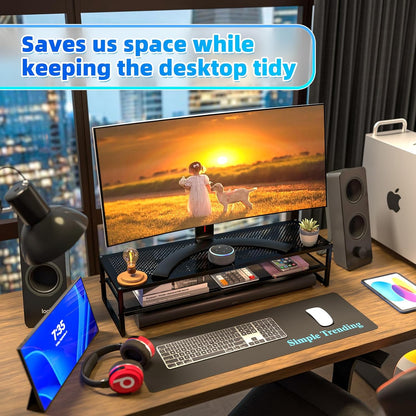Simple Trending 2 Tier Metal Dual Monitor Stand Riser with 32"x10" Mouse Pad, Computer Desk Organizer for 2 Monitors, Laptop, Printer, TV, Black