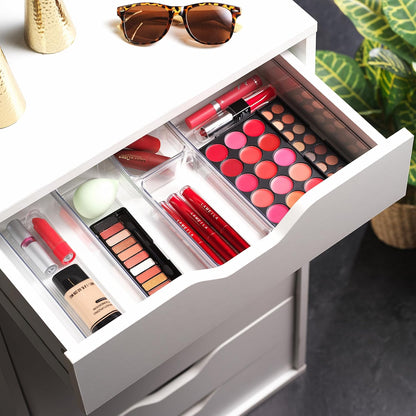 Masirs Clear Drawer Organizers Set 25 PCS – Plastic Storage Bins for Desk, Kitchen, Bathroom, Vanity – Modular, Stackable, Non-Slip Drawer Organizer Trays for Makeup, Utensils, Office Supplies