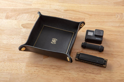 USA Handmade Premium Leather Valet Tray, Folds Flat! Dice Rolling Basket and Organizer with Brass Snaps - Reinforced Base - for Keys, Jewelry, Coin, EDC, Watch Storage Caddy - Black XLarge