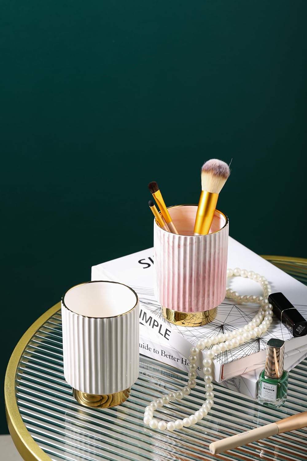 IEEK Makeup Brush Holder Organizer Pen Pencil Cup Glass Make Up Brushes and Toothbrush Organizer for Bathroom Vanity Desktop European Style Striped Brushes Container,Grey and Gold