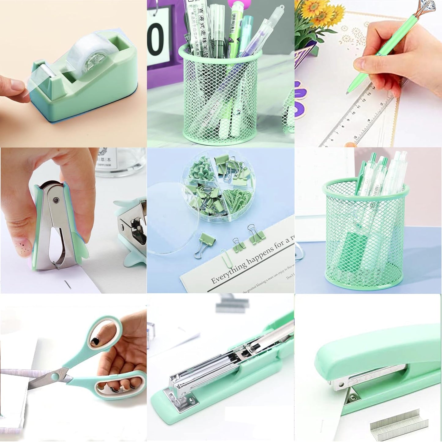 Famassi Rose Gold Desk Accessories，Office Supplies Set Acrylic Stapler Set Staple Remover, Tape Holder, 2 Ballpoint Pen, Scissor, Binder/Paper Clips and 1000pcs Staples.