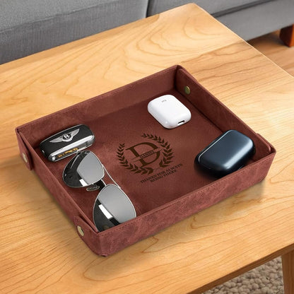 Engraved Leather Valet Tray for Men – Personalized Catchall with Custom Name for Desk, Dresser, Nightstand – Men's Organizer Tray for Keys, Wallet, Jewelry, Personalized Gift for Home, Office - Coffee