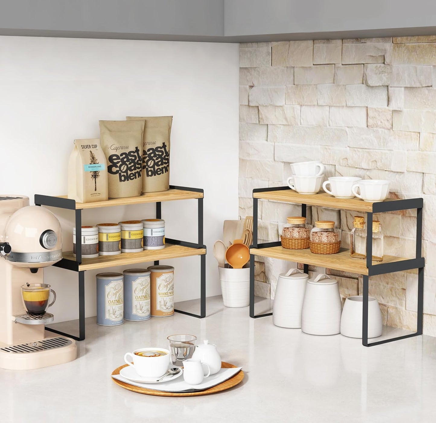 Goozii Kitchen Cabinet Organizer Shelf Set of 4, Large Stackable Pantry Cupboard Countertop Storage and Organizer, Desk Shelf Riser, Spice Plate Cup Expandable Storage Rack (Bamboo White)
