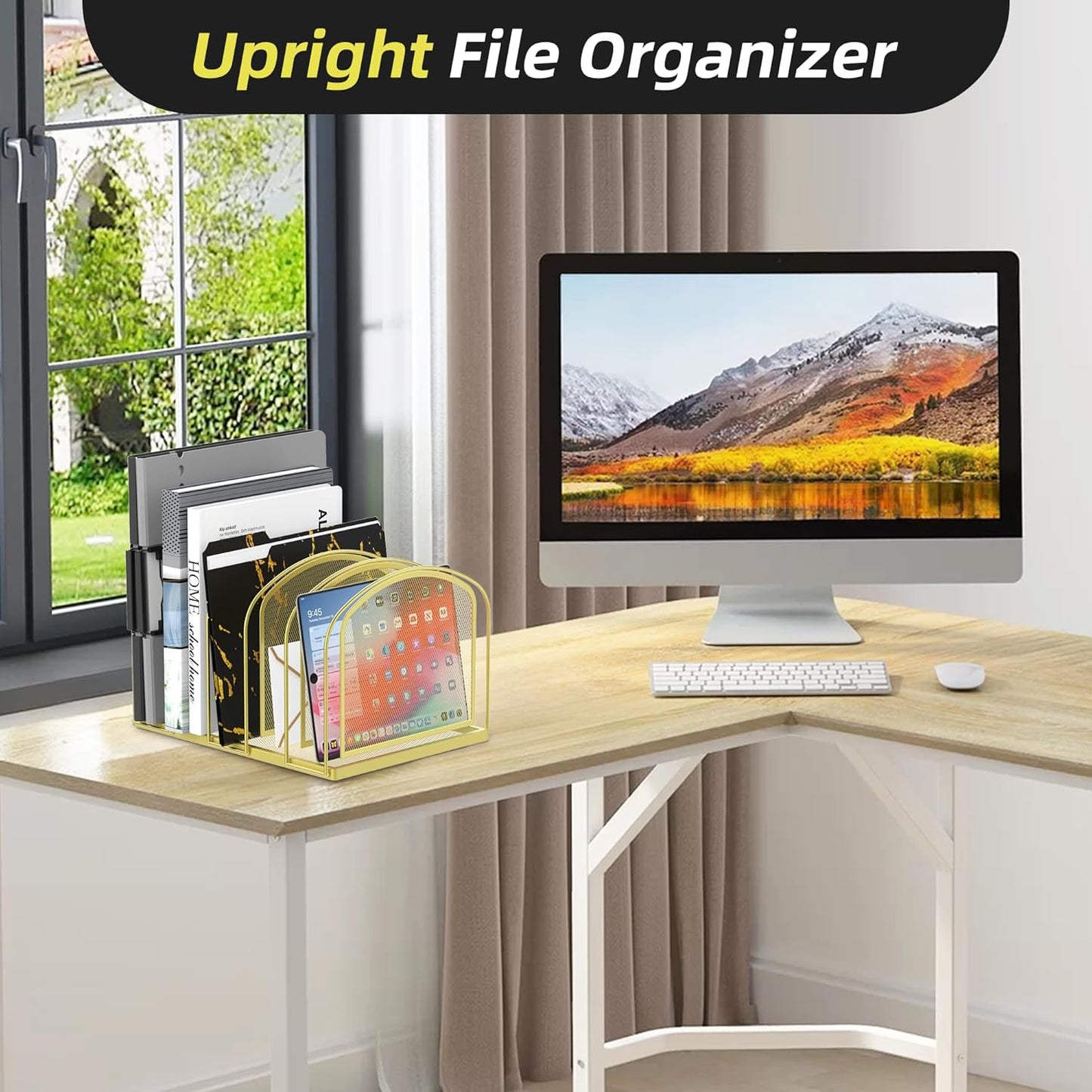 SUPEASY File Organizer for Desk, 5-Section Mesh Desk Organizer, Vertical File Holder Desktop Organizer File Sorter, File Folder Holder for Office Supplies, Black
