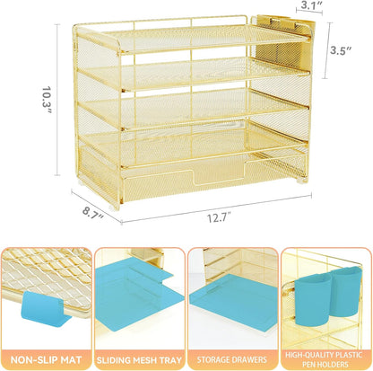 LEKETREE Desk Organizers and Accessories, 5-Tier Paper Letter Tray Organizer with File Holder, Desktop Organizer for Office Supplies (Black)