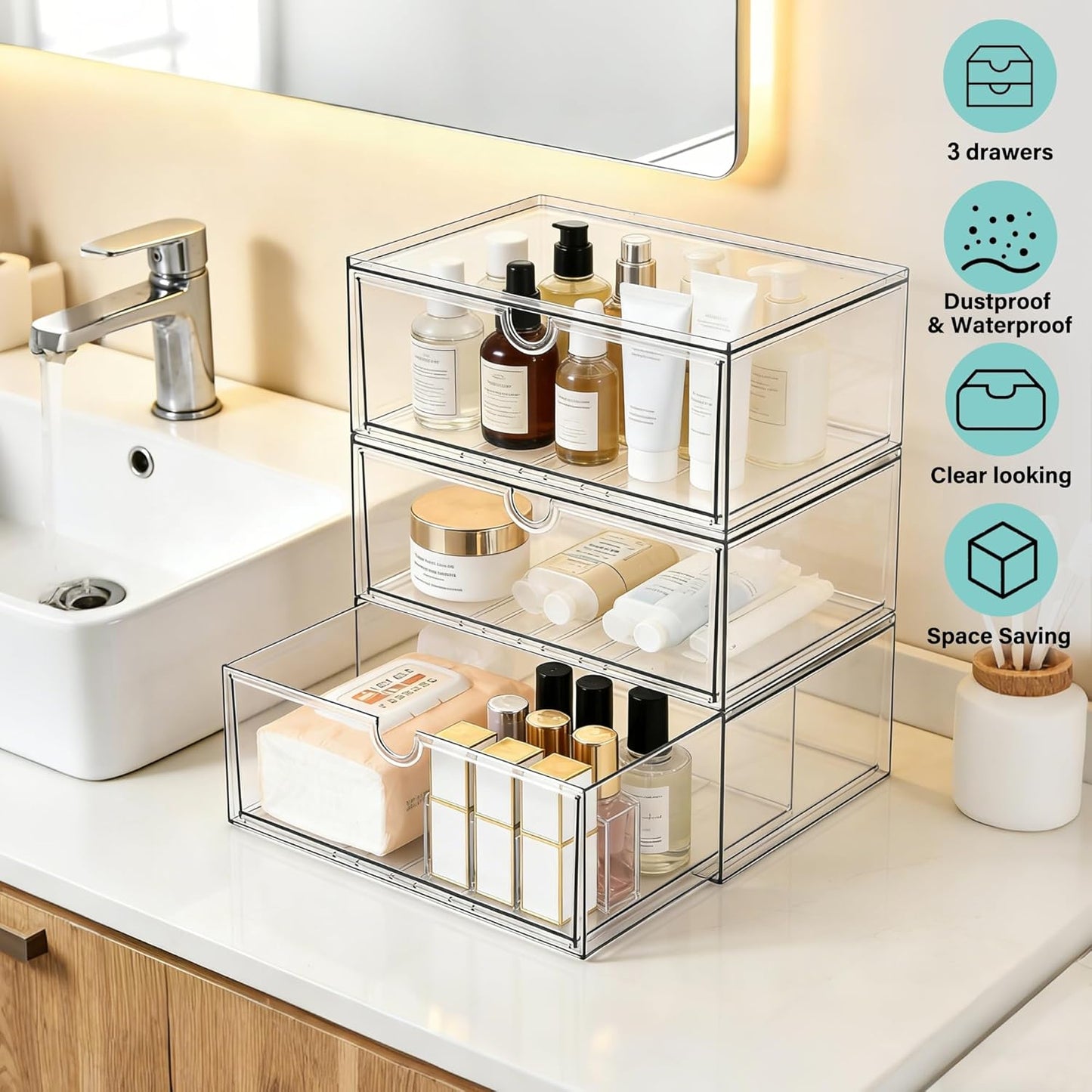 Prsildan Acrylic Makeup Organizer, 2 Pack Stackable Storage Drawers with 6 Drawers for Office Desk Vanity Craft Room Clear Drawer Organizers for Hair Accessories Art Supplies Cosmetics Modular System